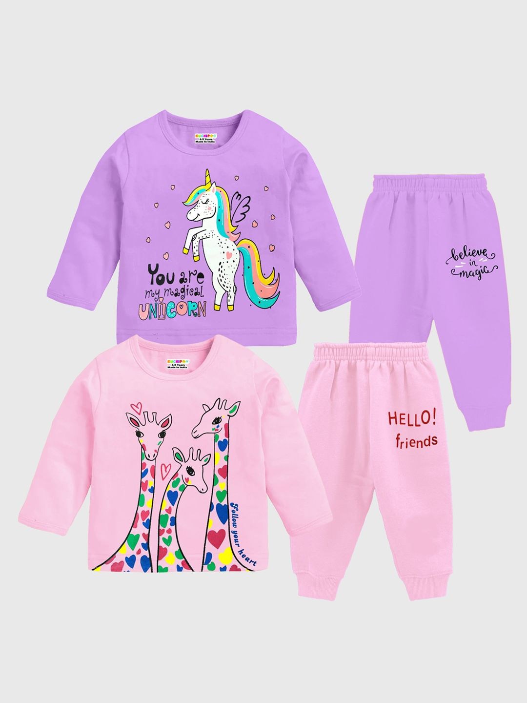 

KUCHIPOO Girls Printed Round Neck Pack Of 2 T-Shirt With Pyjamas, Violet