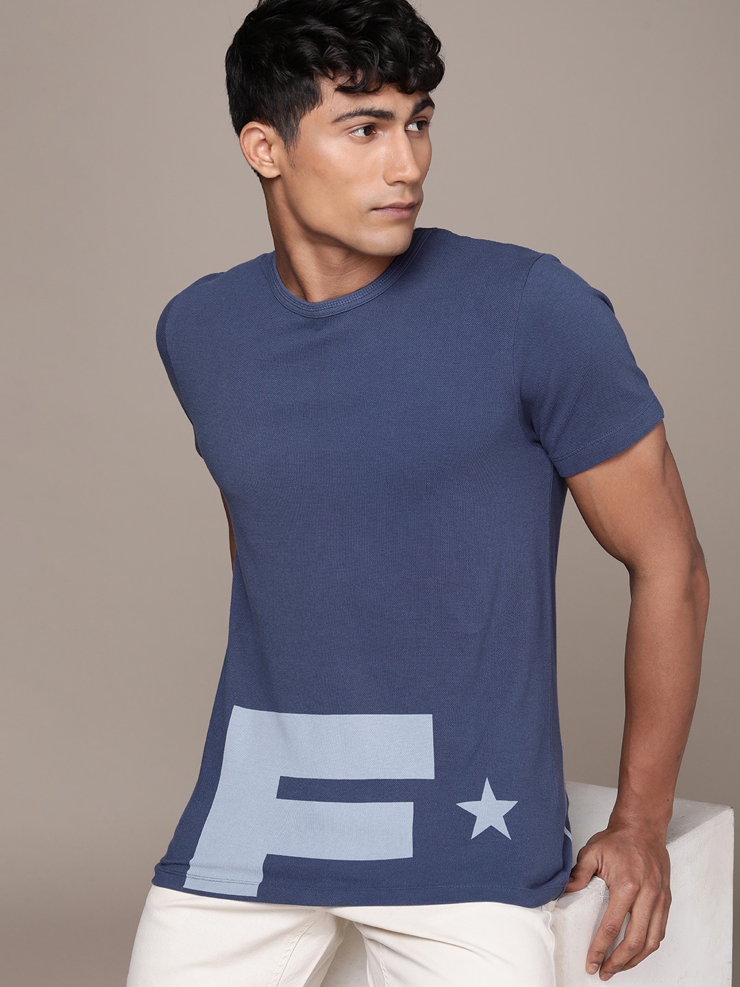 

FORCE IX Men Brand Logo Printed Pure Cotton T-shirt, Blue