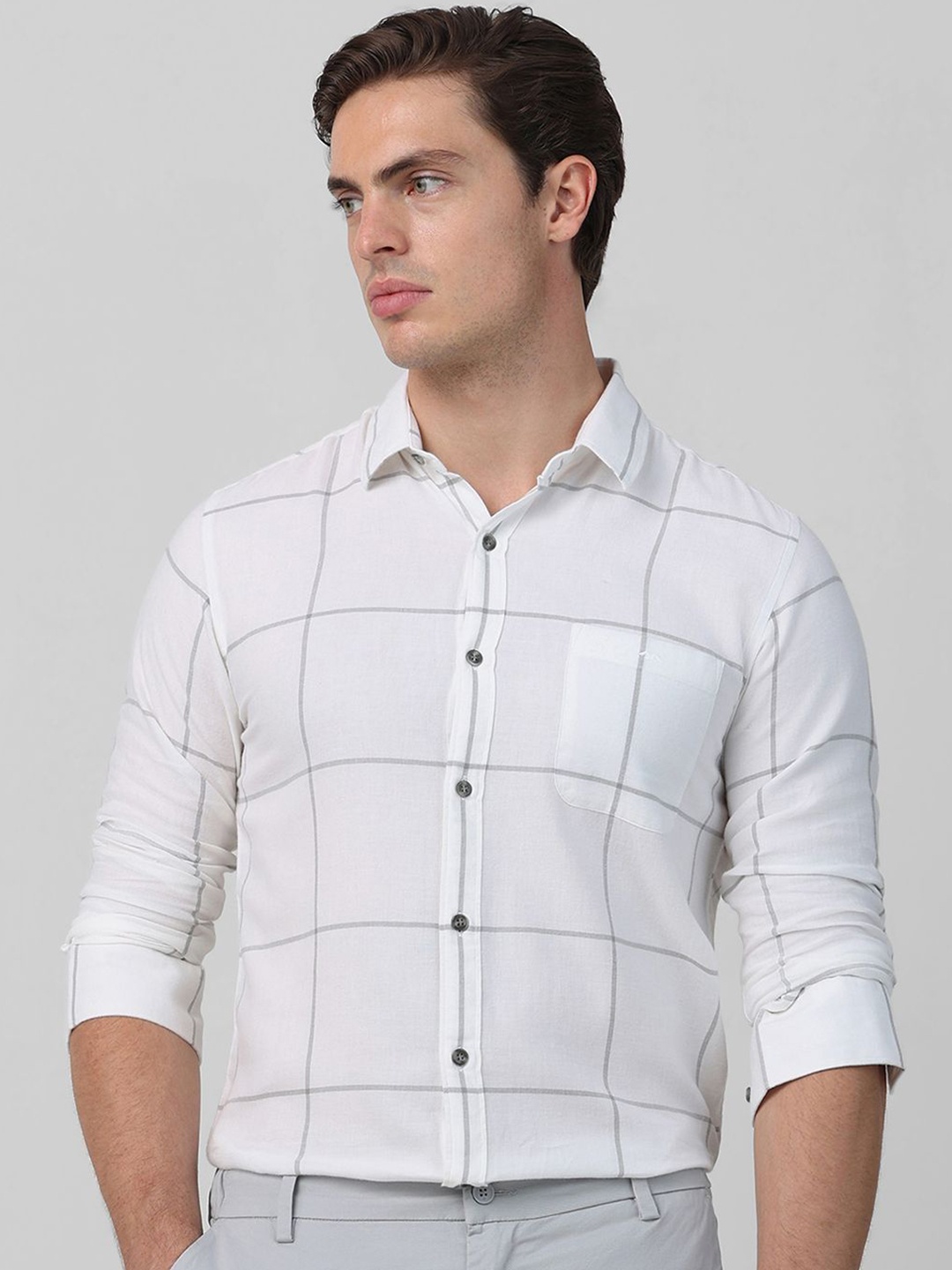 

Mufti Men Spread Collar Grid Tattersall Checked Cotton Slim Fit Casual Shirt, White