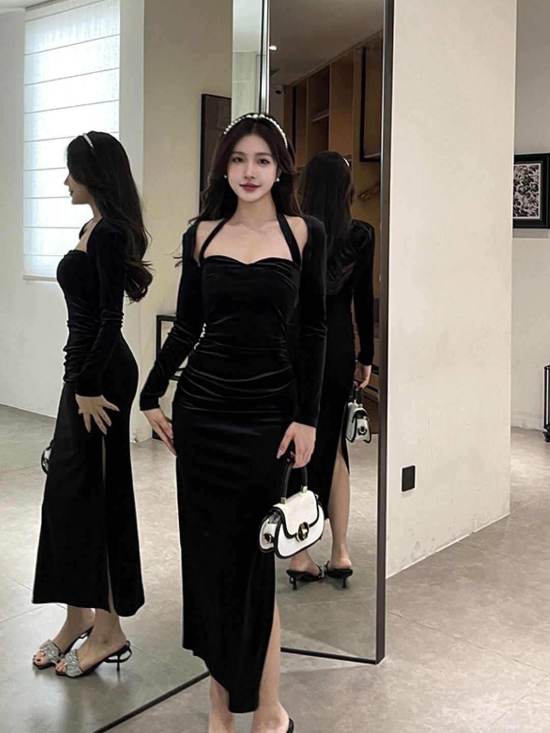

KPOP Solid Long Sleeves Bodycon Maxi Dress, Black