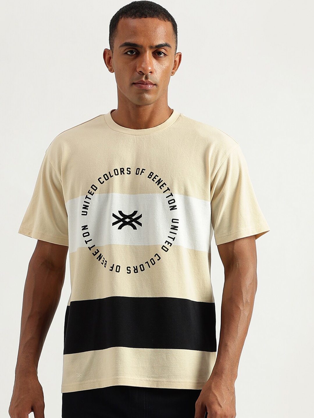 

United Colors of Benetton Typography Printed Boxy Fit Cotton T-shirt, Beige