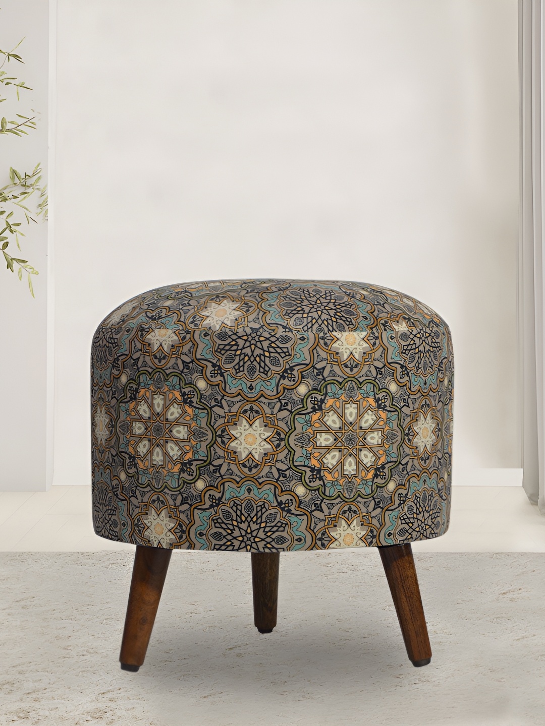 

GLOBALLY INDIAN Beige & Brown Printed Velvet & Wooden Round Ottoman