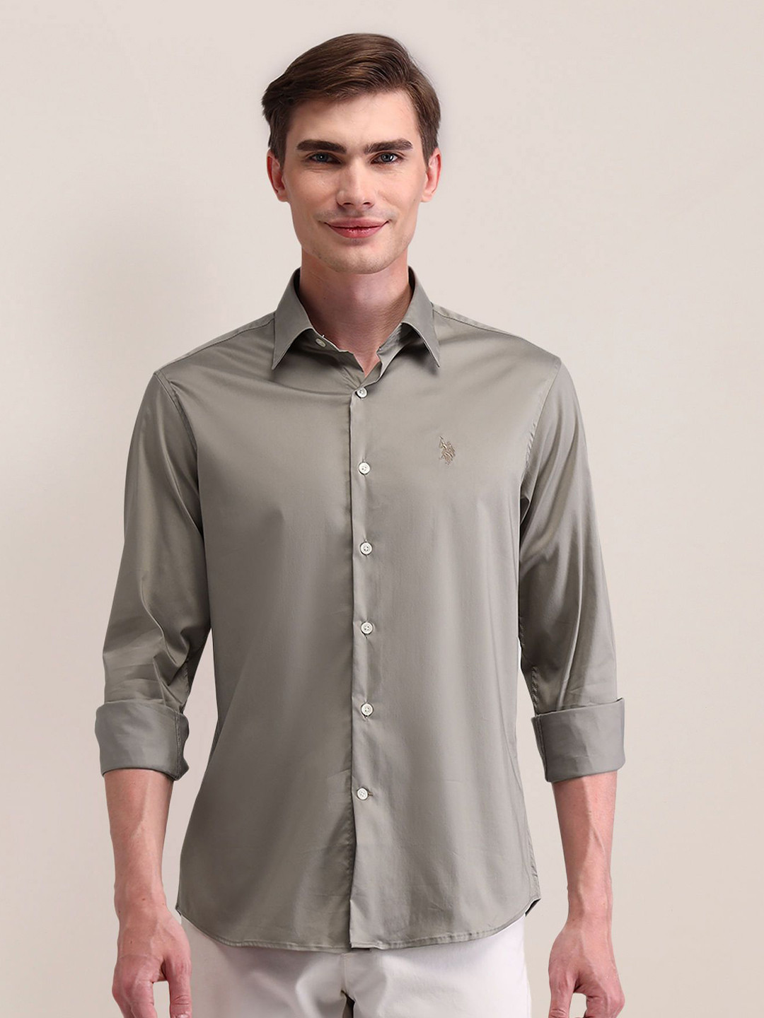 

U.S. Polo Assn. Men Classic Spread Collar Solid Cotton Casual Shirt, Khaki