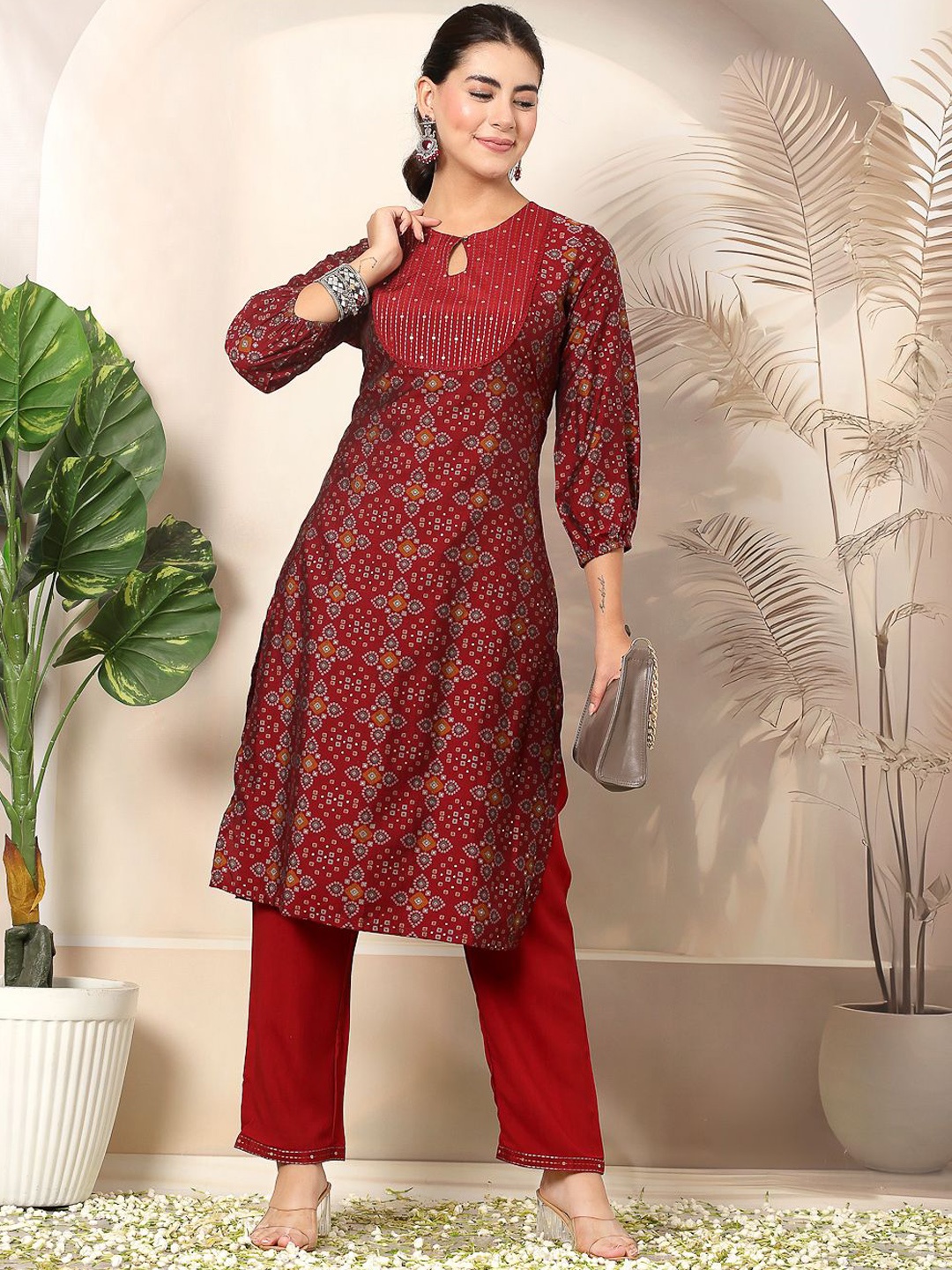 

Nayam By Lakshita Bandhani Printed Keyhole Neck Thread Work Straight Kurta With Palazzos, Maroon