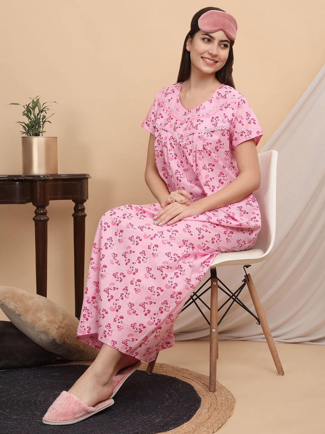 

Sweet Dreams Women Floral Printed Maxi Nightdress, Pink