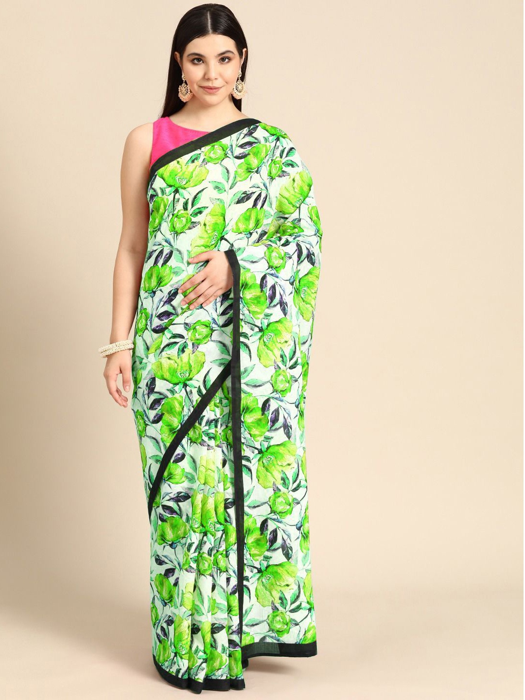 

BUTA BUTI Floral Printed Pure Cotton Saree, Lime green