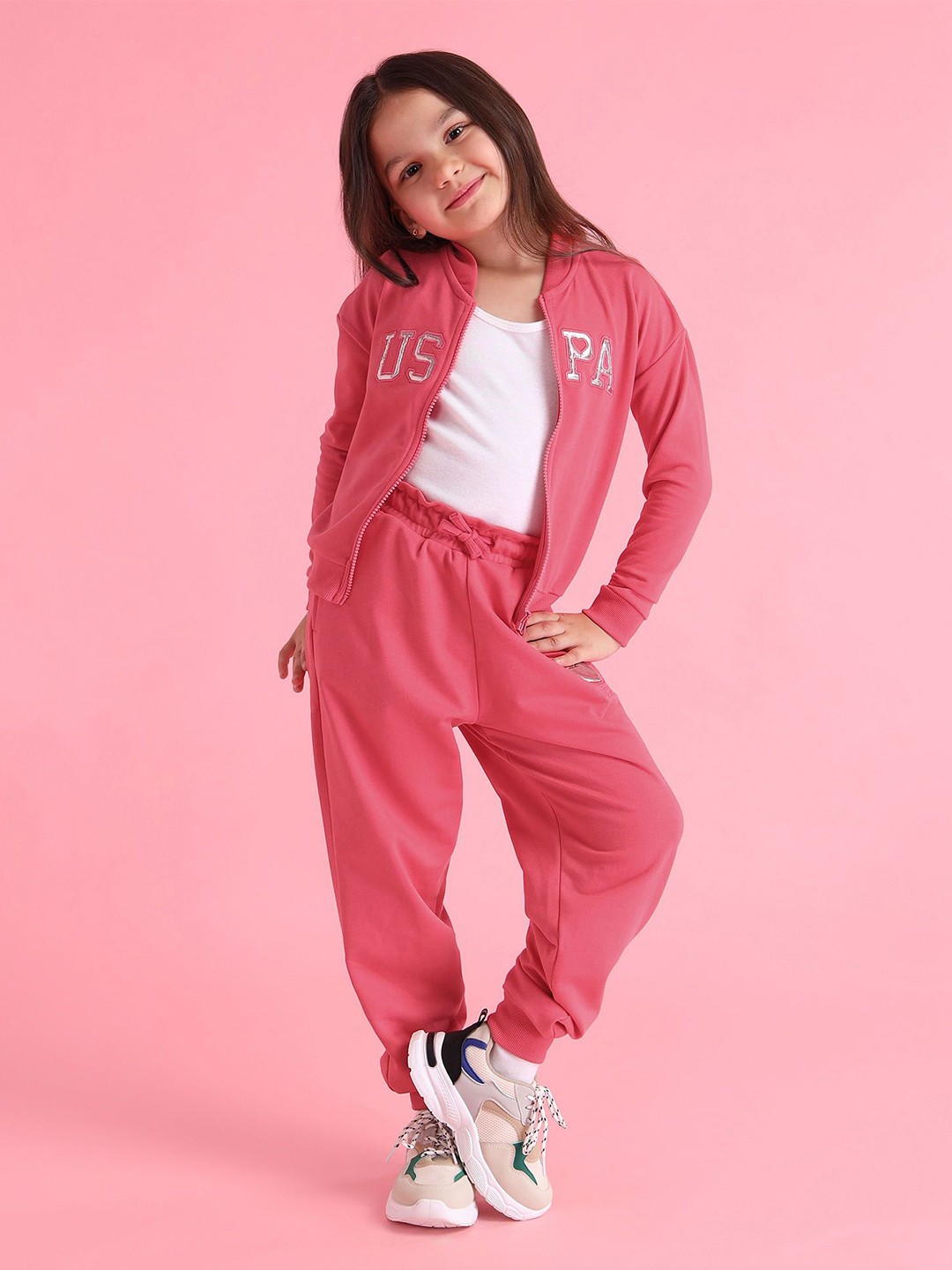 

U.S. Polo Assn. Kids Girls Brand Logo Printed Mock Collar Cotton Front-Open Sweatshirt, Pink