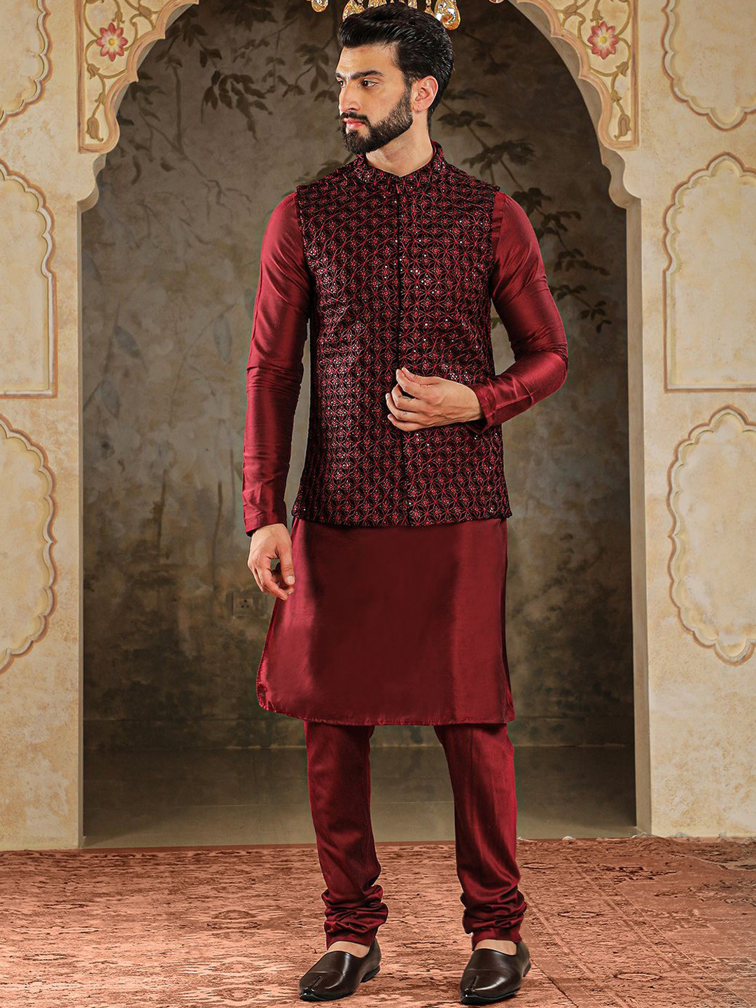 

HOUSE OF DEYANN Mandarin Collar Velvet Straight Kurta with Churidar & Nehru Jacket, Maroon