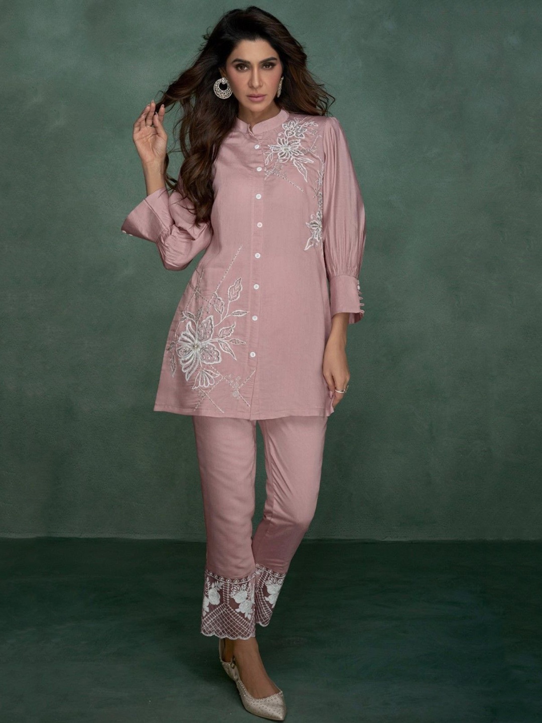 

AUTUMN LANE Embroidered Mandarin Collar Pure Cotton Tunic With Trousers, Pink