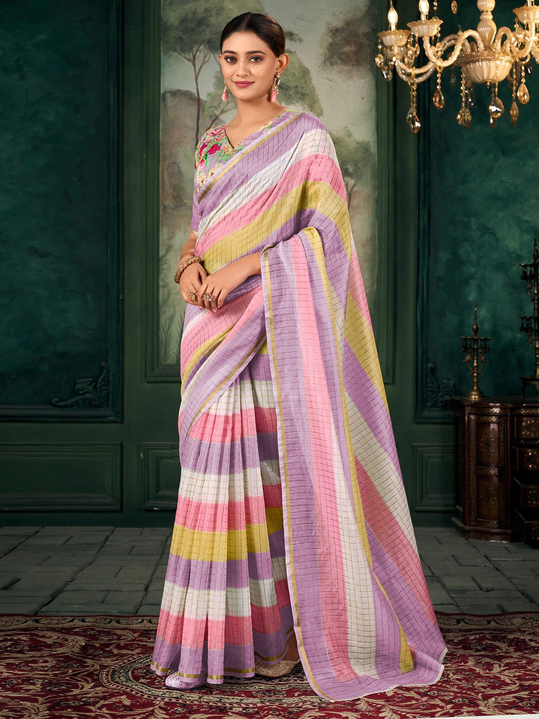 

Anouk Checked Zari Saree With Blouse Piece, Lavender