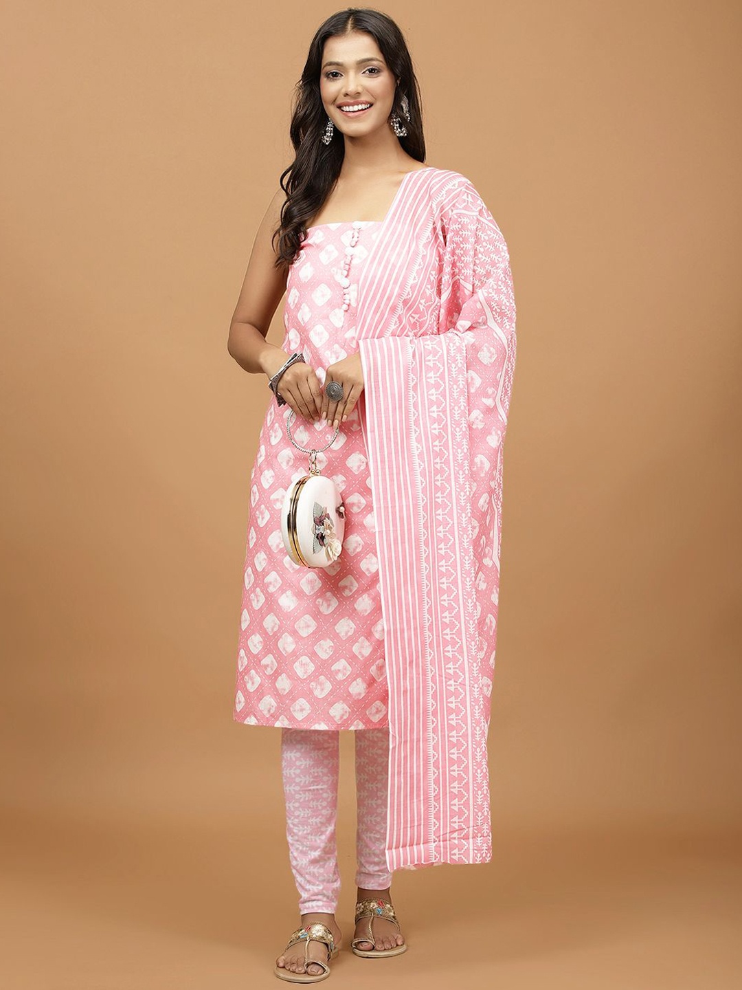 

Meena Bazaar Geometric Printed Unstitched Dress Material, Pink