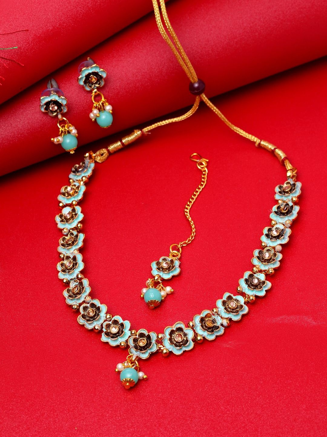 

ANIKAS CREATION Gold-Plated Kundan-Studded & Beaded Enamelled Jewellery Set