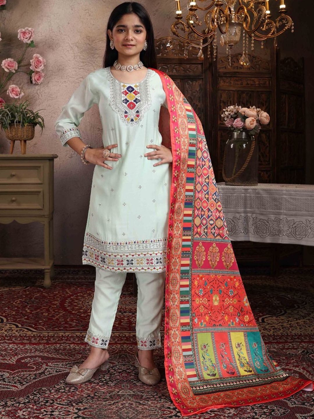 

BAESD Girls Embroidered Kurta With Pyjamas & Dupatta, Lime green