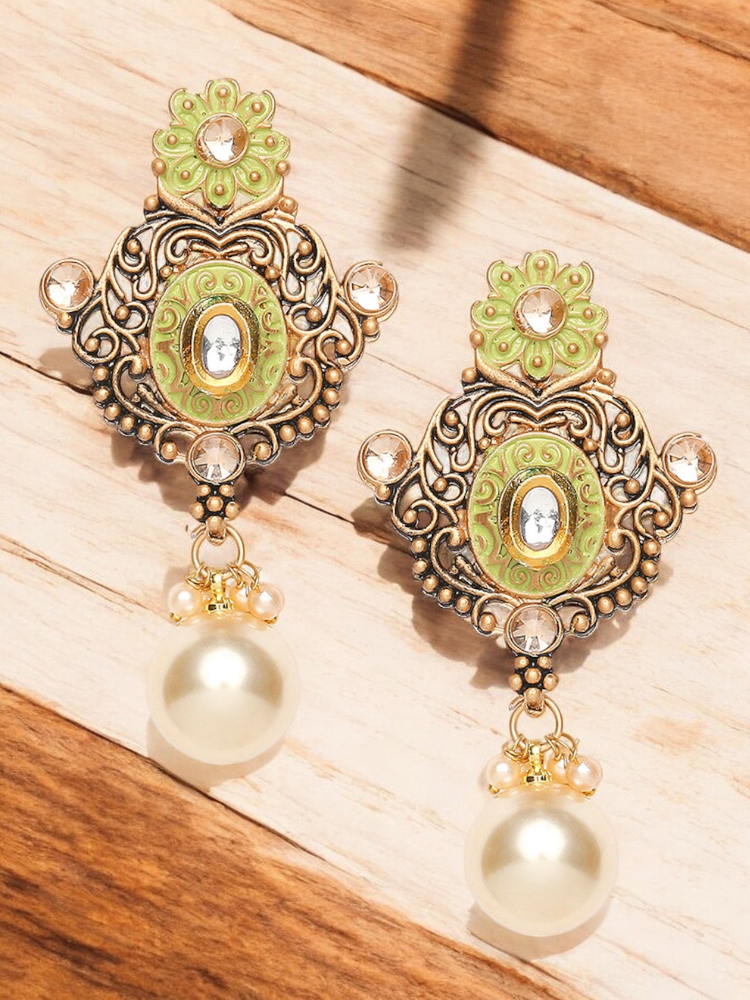 

OOMPH Meenakari Enamel Kundan Studded & Pearl Floral Drop Earrings, Gold