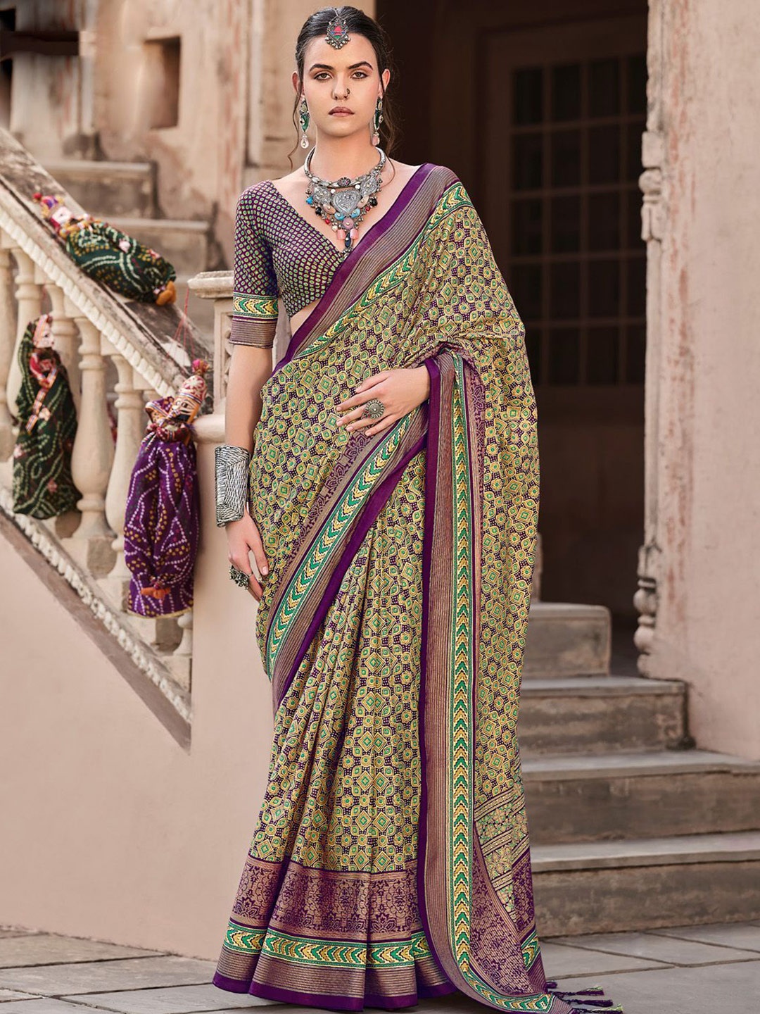 

Anouk Ethnic Motifs Zari Purple Silk Blend Banarasi Printed Festive Wear Saree