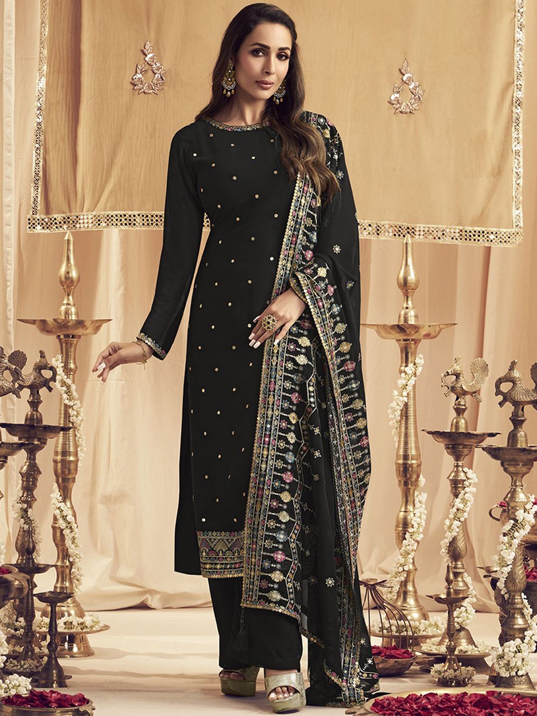 

Inddus Ethnic Motifs Embroidered Regular Sequinned Kurta With Trouser With Dupatta, Black