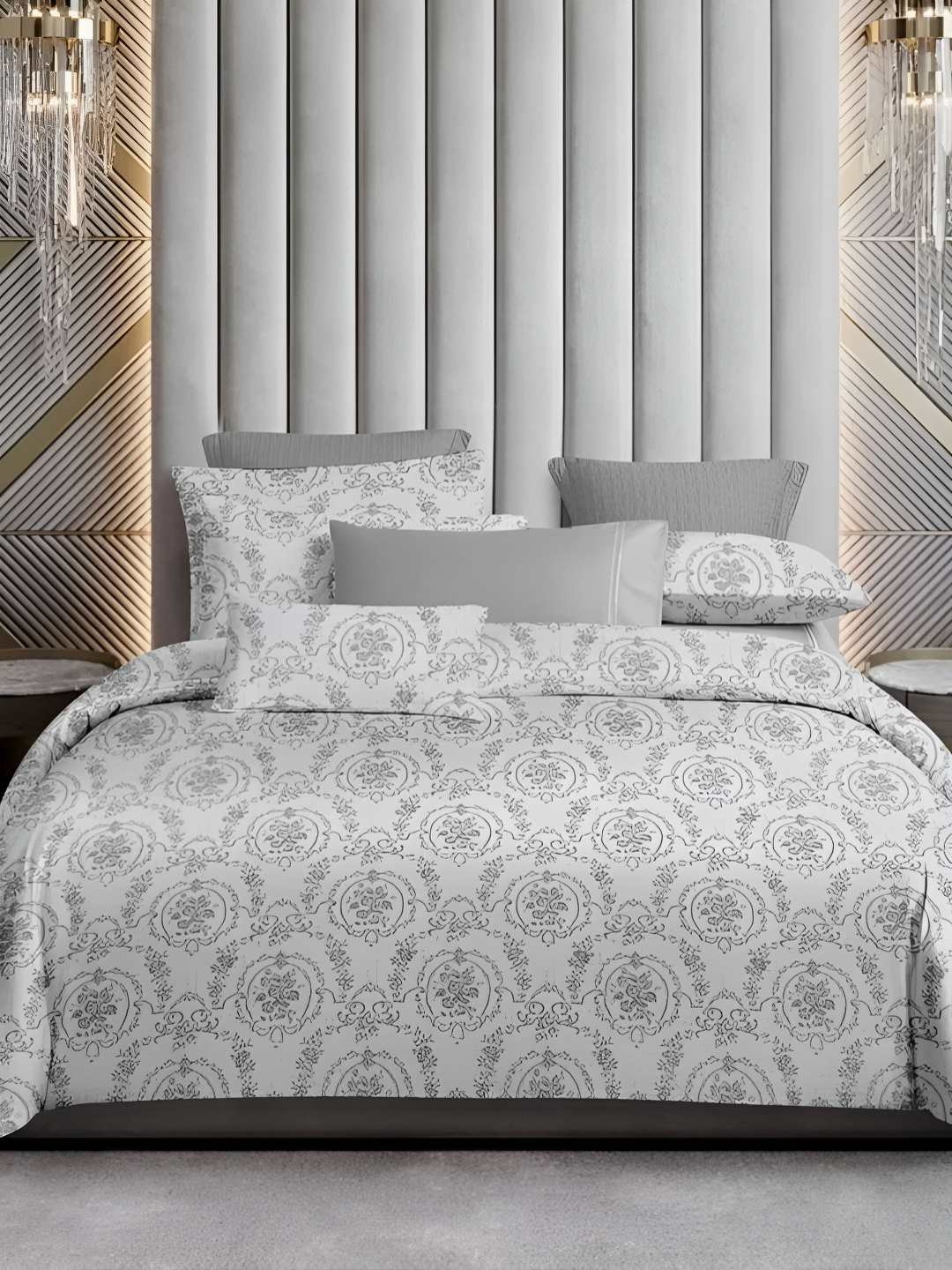 

Sleeping Owls- because your sleep matters White & Grey Floral 400 TC King Bedsheet with 2 Pillow Covers