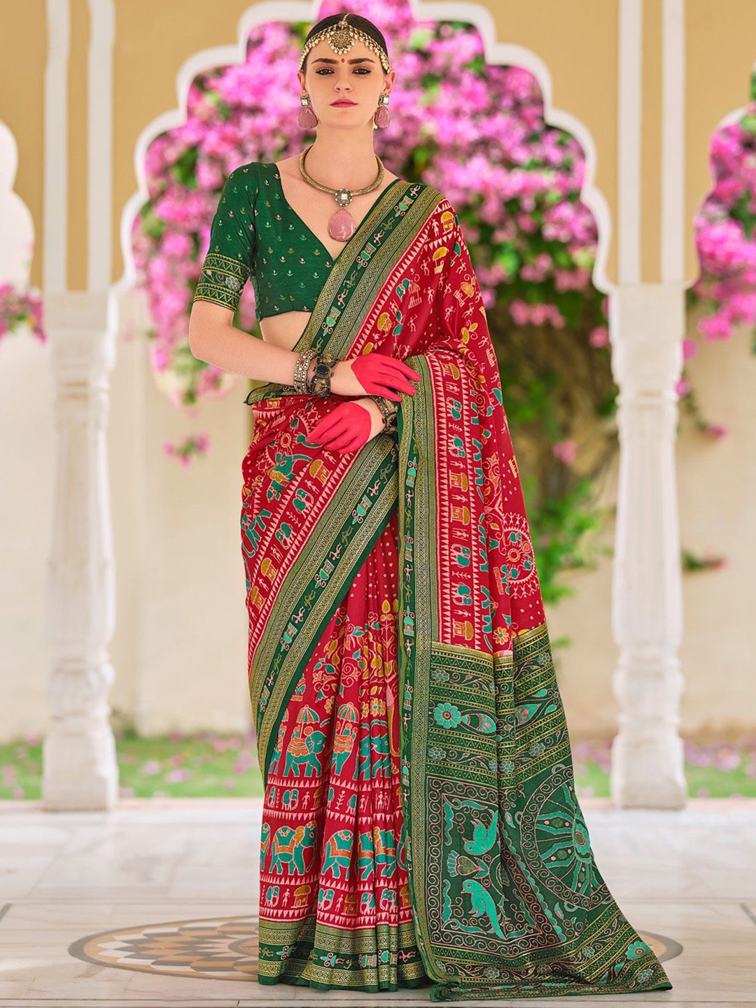 

Anouk Warli Printed Patola Saree With Printed Border, Red