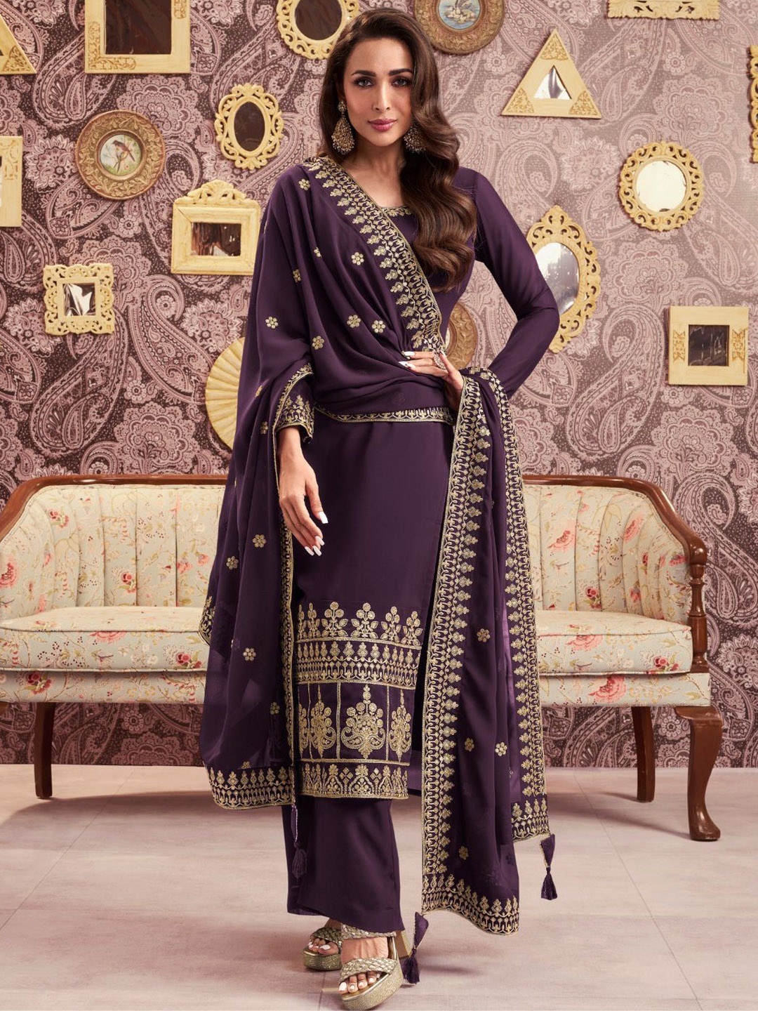 

Inddus Ethnic Motifs Embroidered Georgette Straight Kurta With Palazzos & Dupatta, Purple