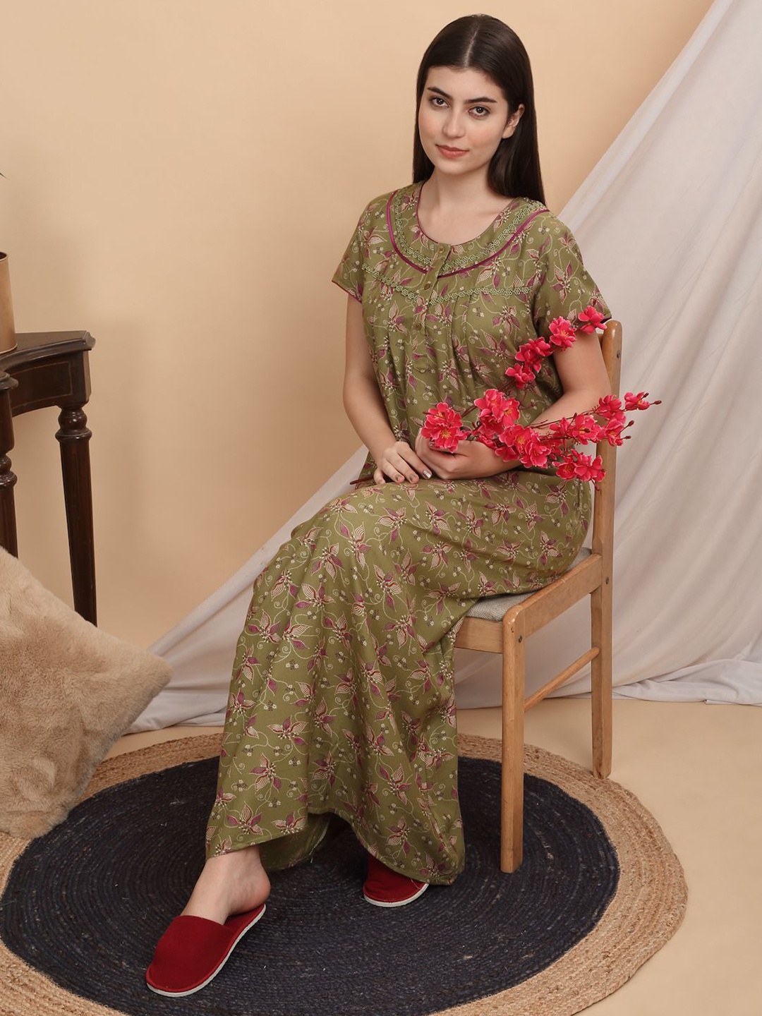 

Sweet Dreams Printed Women Maxi Nightdress, Green