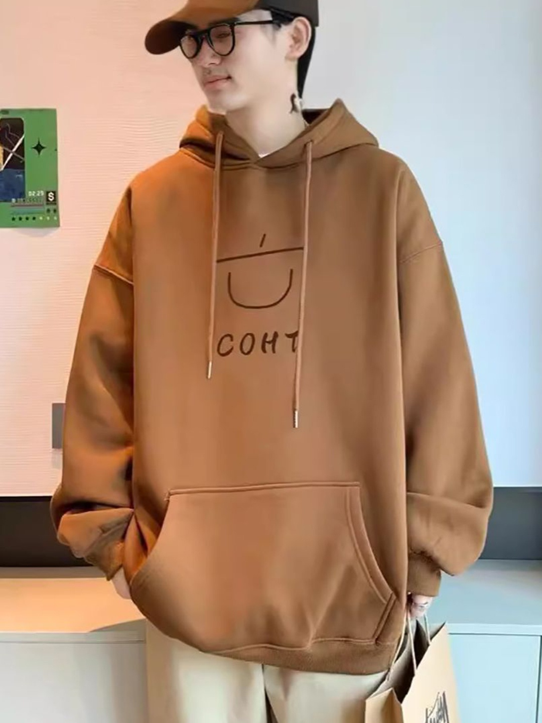 

StyleCast x Revolte Men Typography Printed Hood Pullover Sweatshirt, Brown