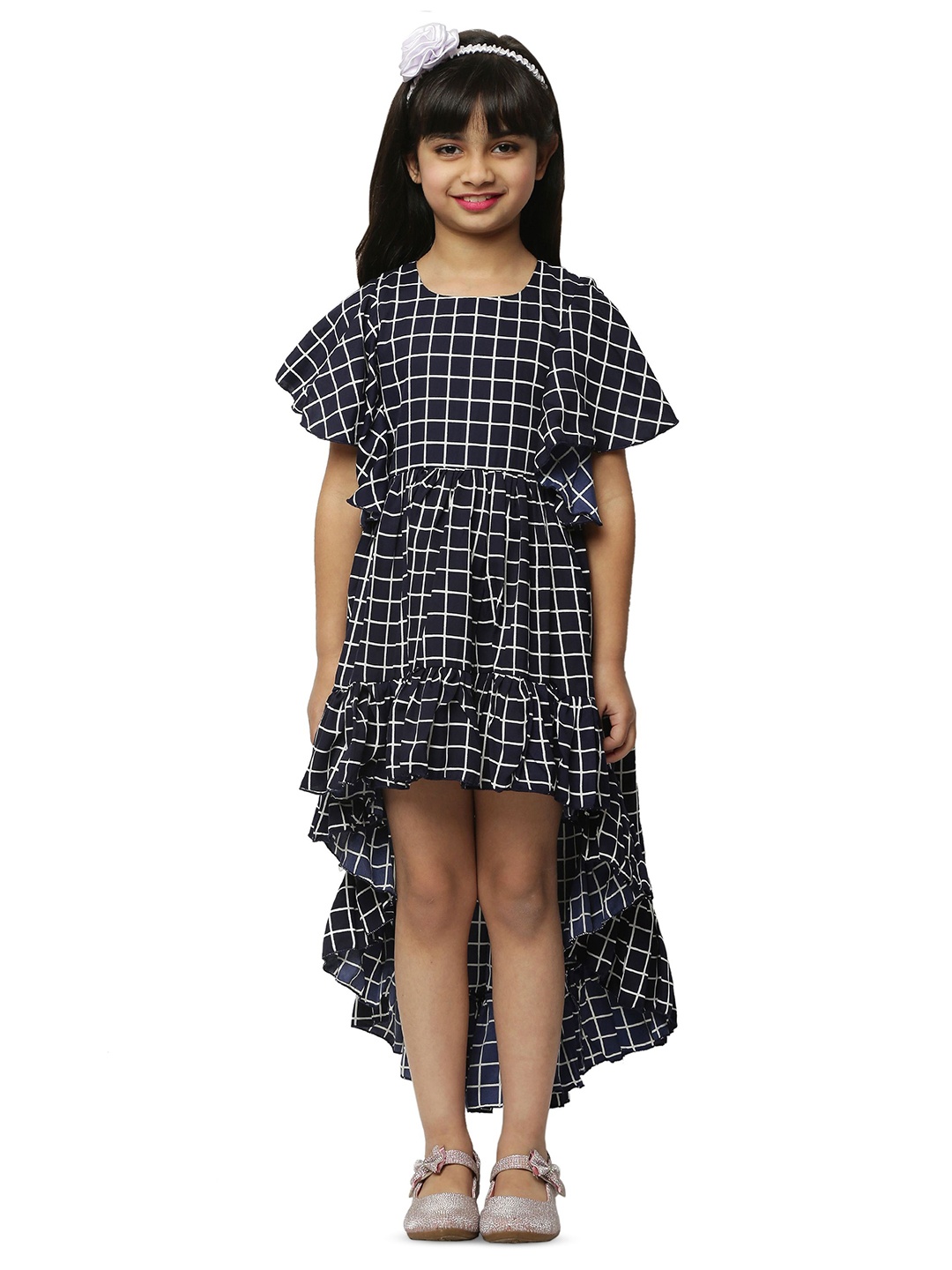 

Wish little Girls Checked Flutter Sleeve Fit & Flare Dress, Black