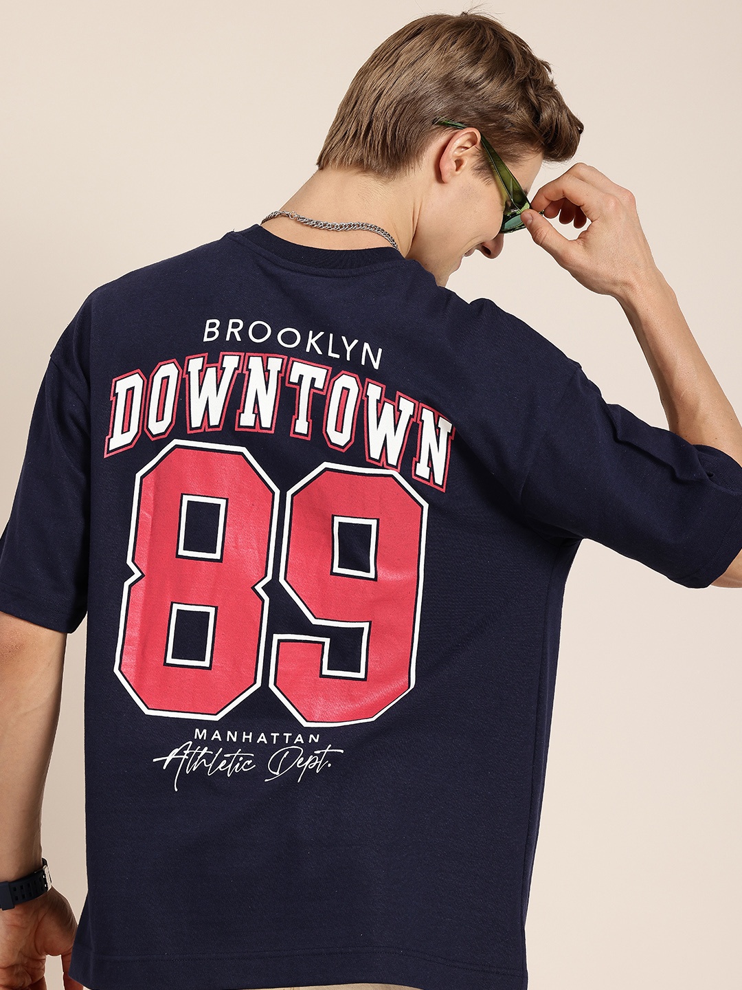 

HERE&NOW Varsity Printed Drop-Shoulder Sleeves T-shirt, Navy blue