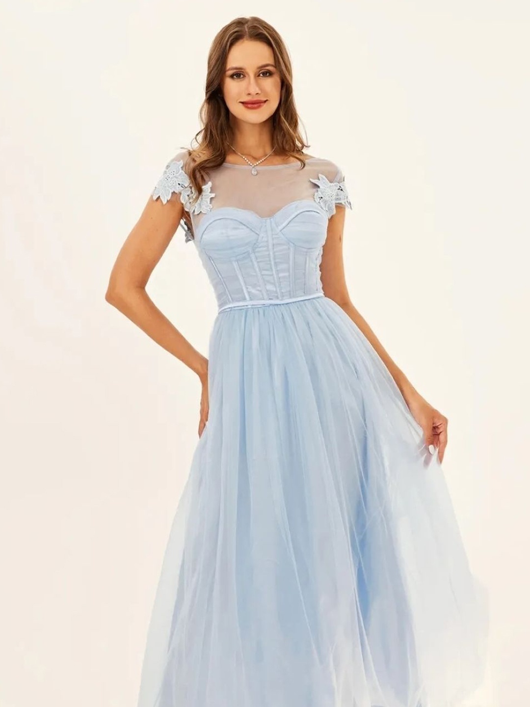 

KPOP Women A-Line Maxi Short Sleeves Dress, Blue