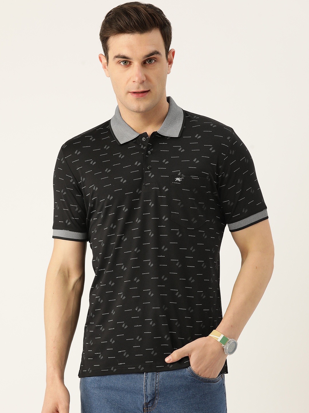 

Monte Carlo Men Printed Polo Collar T-shirt, Black