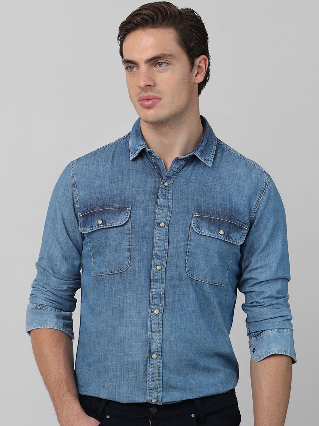 

Mufti Men Spread Collar Solid Cotton Slim Fit Casual Shirt, Blue