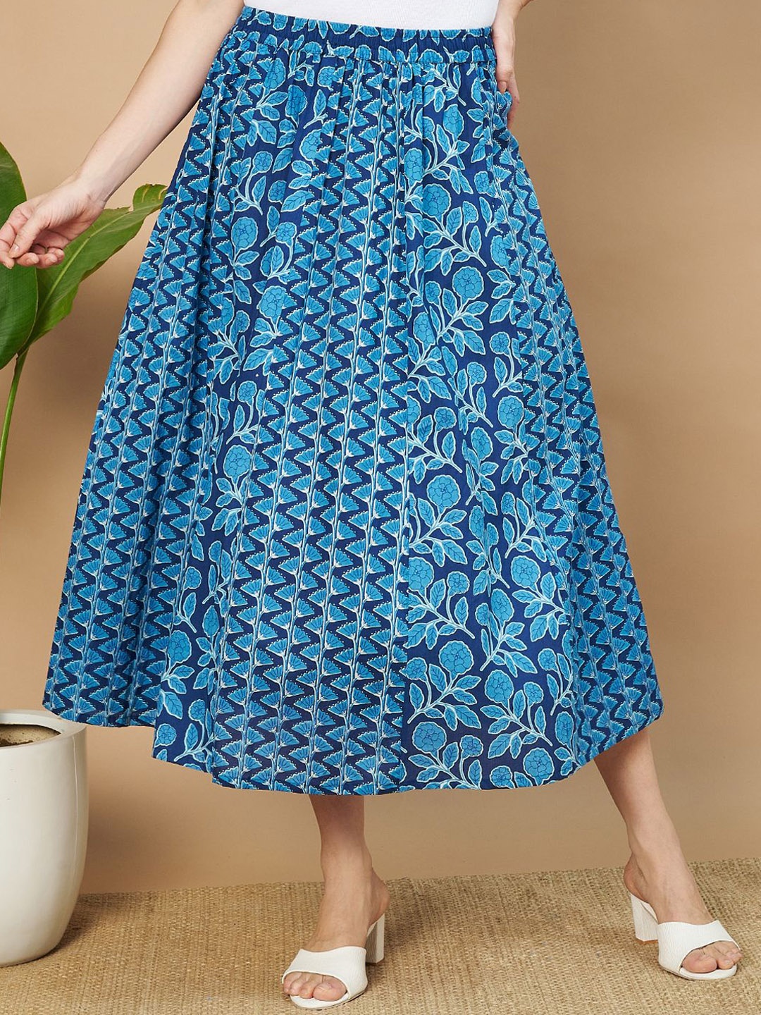 

ETC Women Printed Pure Cotton Flared Maxi Skirt, Blue