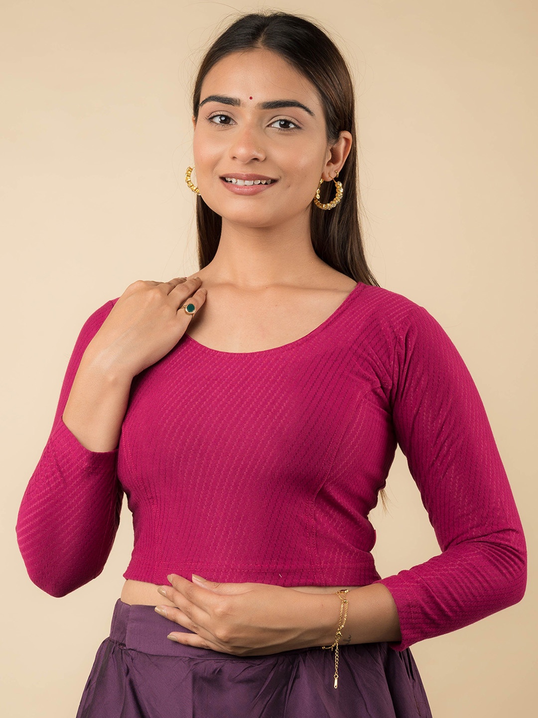 

Bindigasm's Advi Non-Padded Dobby Three- Quarter Sleeve Cotton Saree Blouse, Magenta