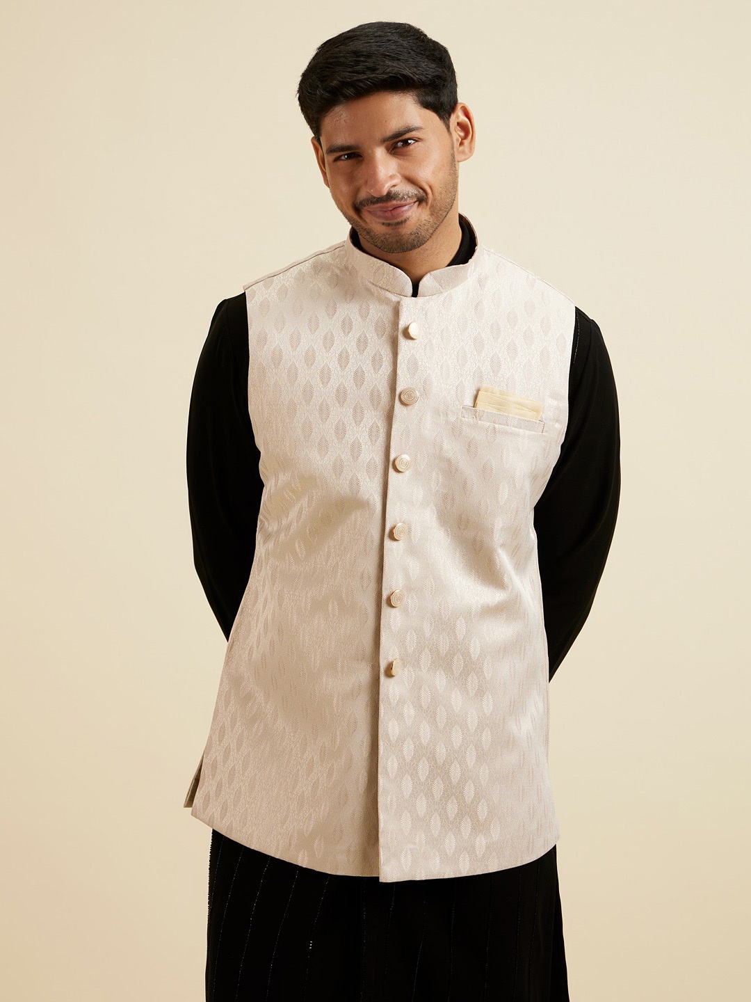 

Manyavar Woven Design Leaf Motifs Nehru Jacket, Beige