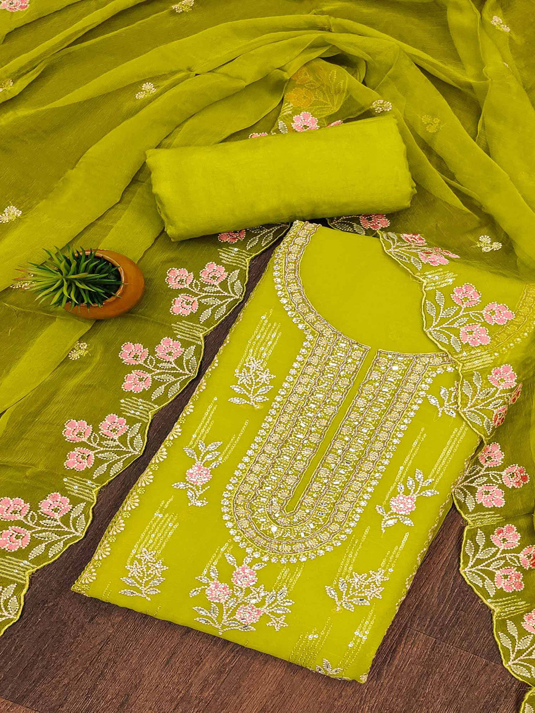 

Peachmode Floral Embroidered Sequinned Silk Chiffon Unstitched Dress Material, Green