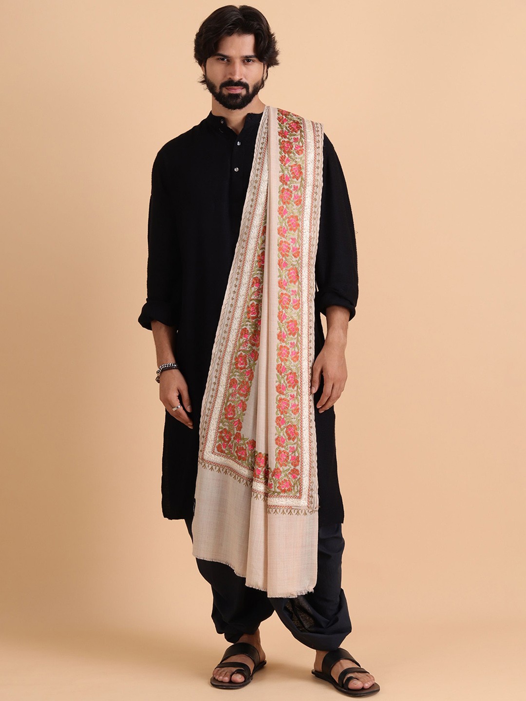 

Tweedle Floral Embroidered Woolen Shawl, Off white