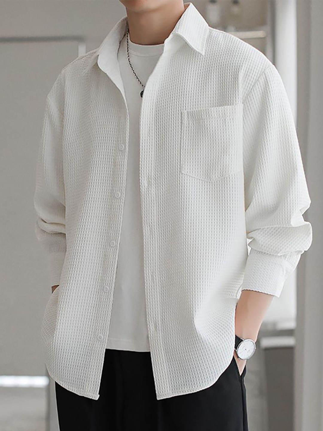 

StyleCast x Revolte Men Cutaway Collar Textured Oversized Casual Shirt, White