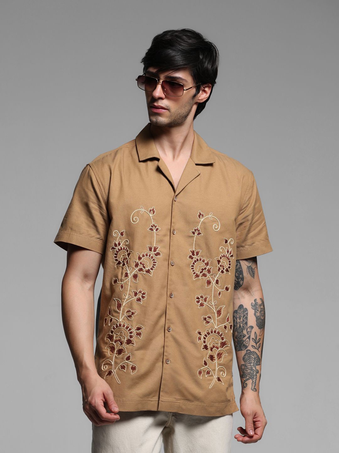 

Jack & Jones Men Cuban Collar Textured Cotton Relaxed Fit Casual Shirt, Brown