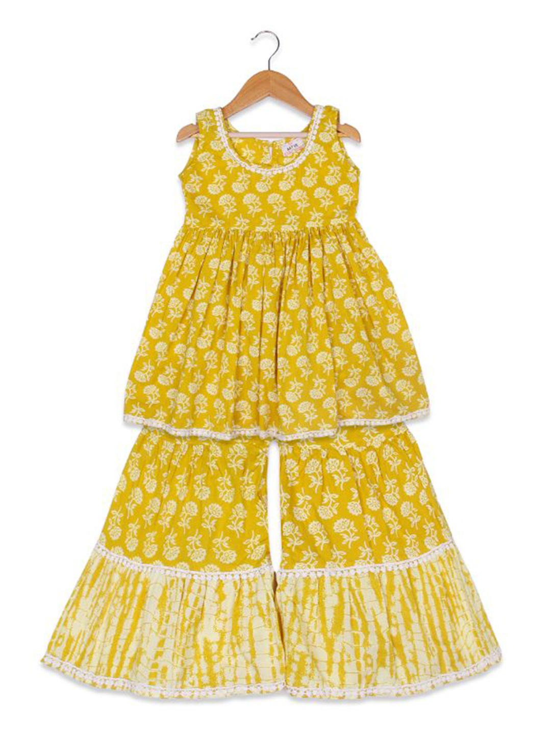 

AATYA KIIDS Girls Floral Printed Empire Pure Cotton Anarkali Kurti with Sharara, Yellow