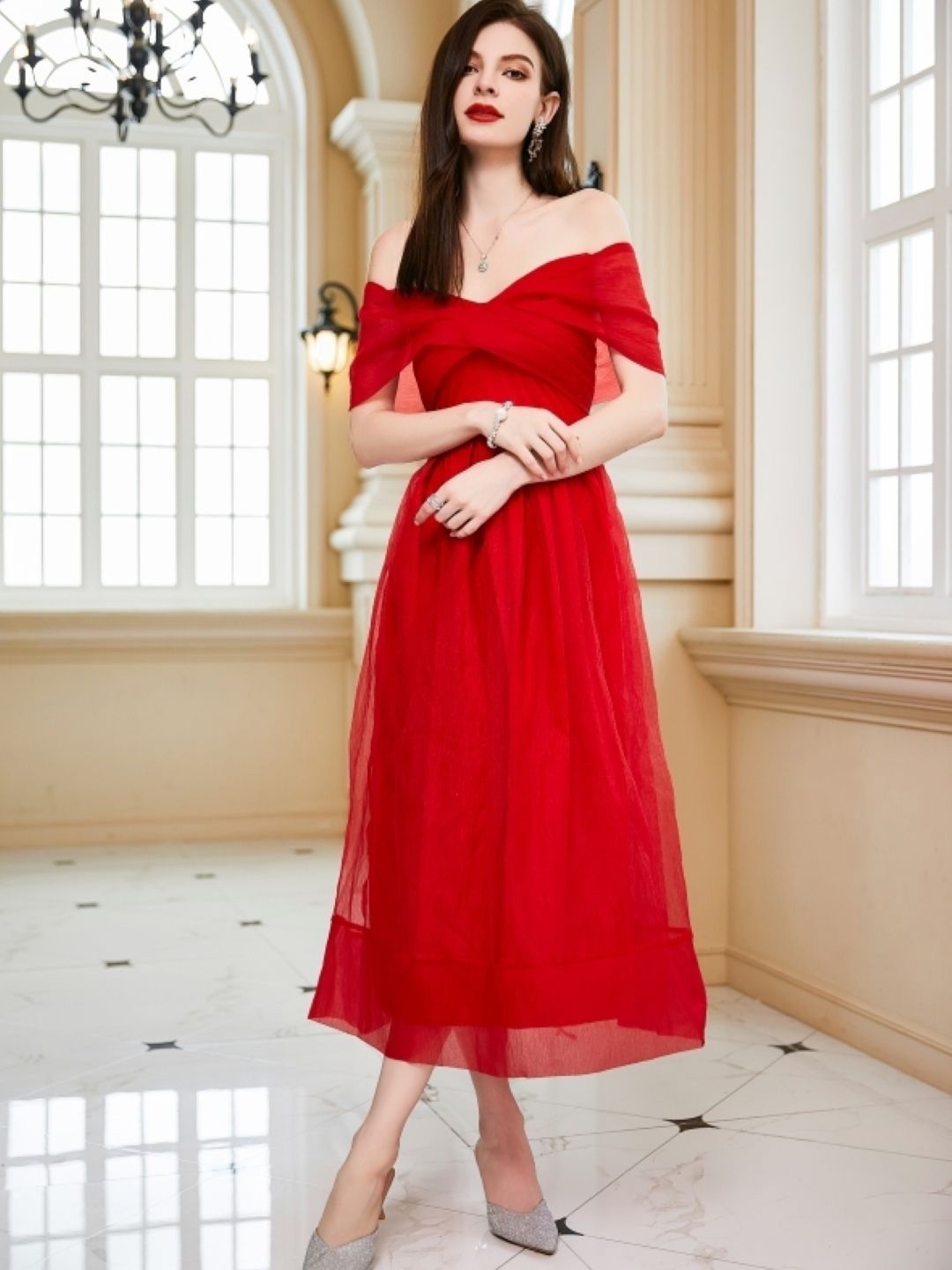 

KPOP Women Off-Shoulder A-Line Maxi Dress, Red