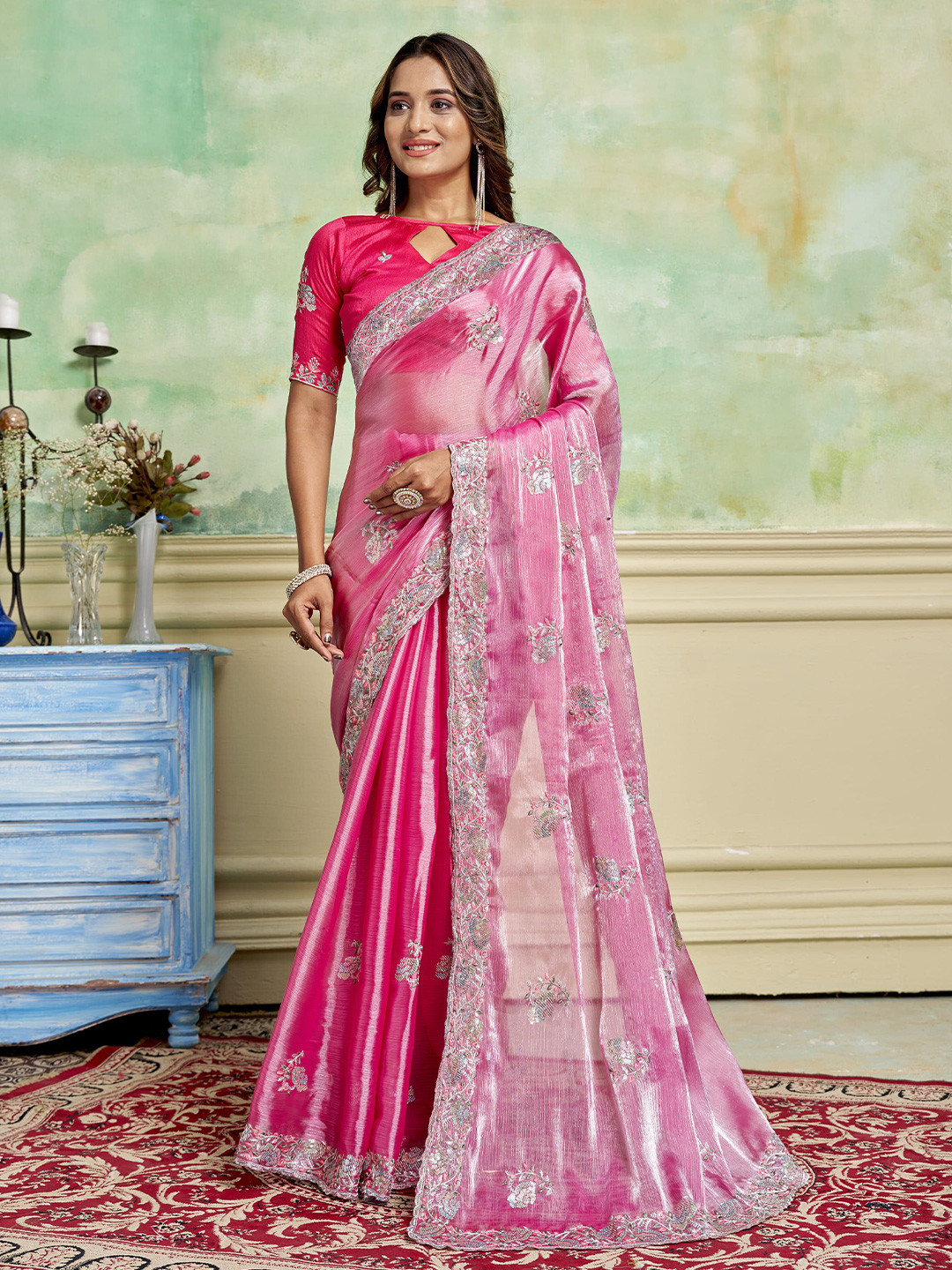 

KAYOMMI Floral Embroidered Organza Baluchari Saree, Pink