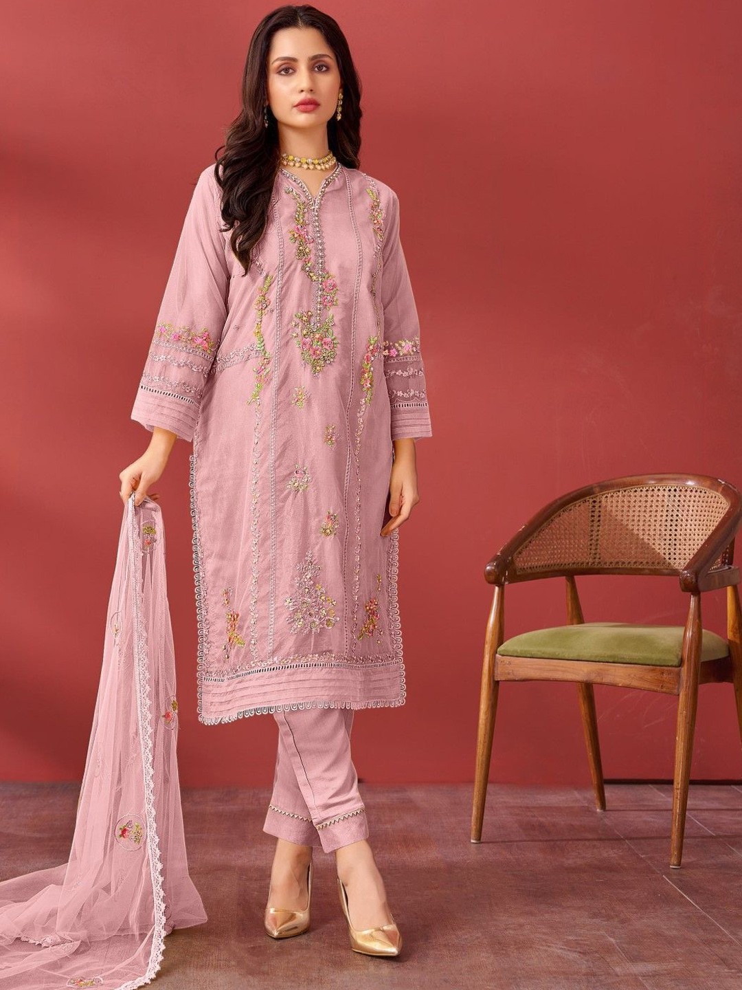 

AUTUMN LANE Floral Embroidered Sequinned Pakistani Style Kurta With Trouser & Dupatta, Violet