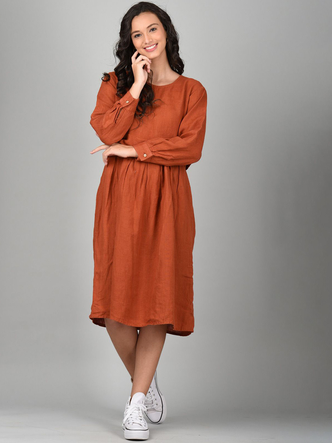 

Linen Options Women Long Skirt Long Sleeves Dress, Orange