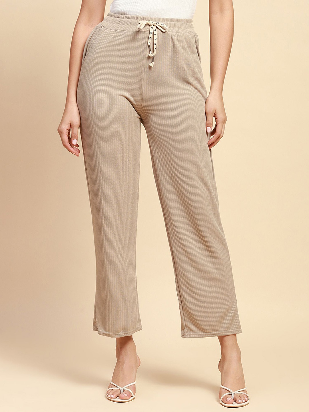 

Global Republic Women Relaxed Fit Rib Knitted High Rise Trousers, Beige