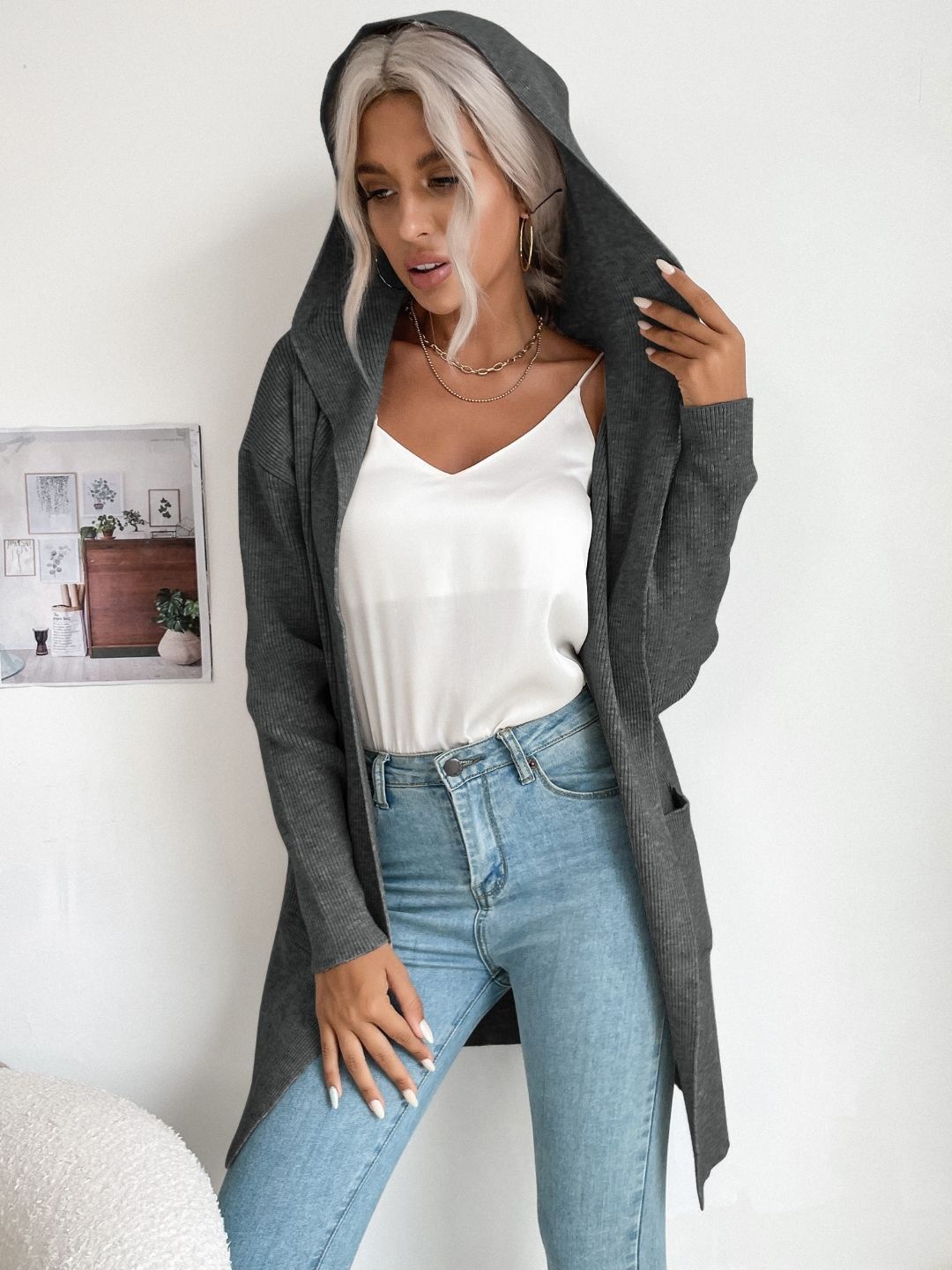 

KPOP Women Long Sleeves Longline Cardigan, Grey