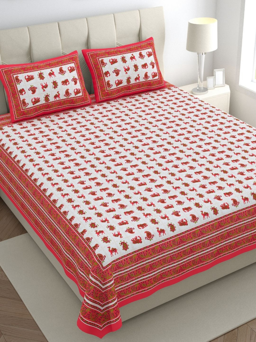 

The Craft Monk Pink & White Printed Cotton 300 TC Super King Bedsheet & 2 Pillow Covers