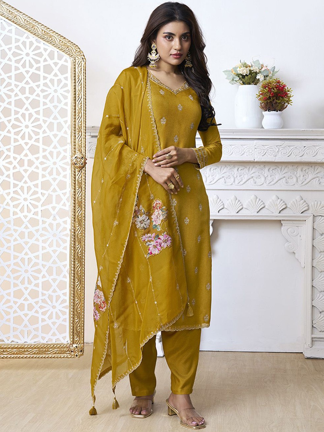 

Seerat Ethnic Motifs Embroidered Pure Silk Straight Kurta with Trousers & Dupatta, Mustard