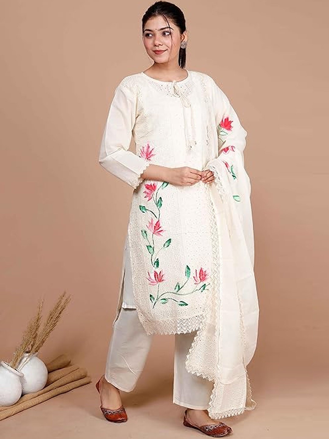 

KALINI Floral Printed Tie-Up Neck Thread Work Straight Kurta With Palazzos & Dupatta, White