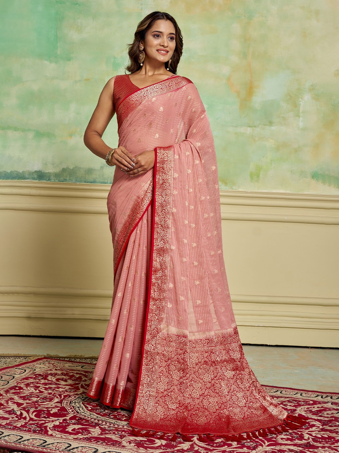 

KAYOMMI Floral Woven Design Zari Pure Georgette Banarasi Saree, Peach