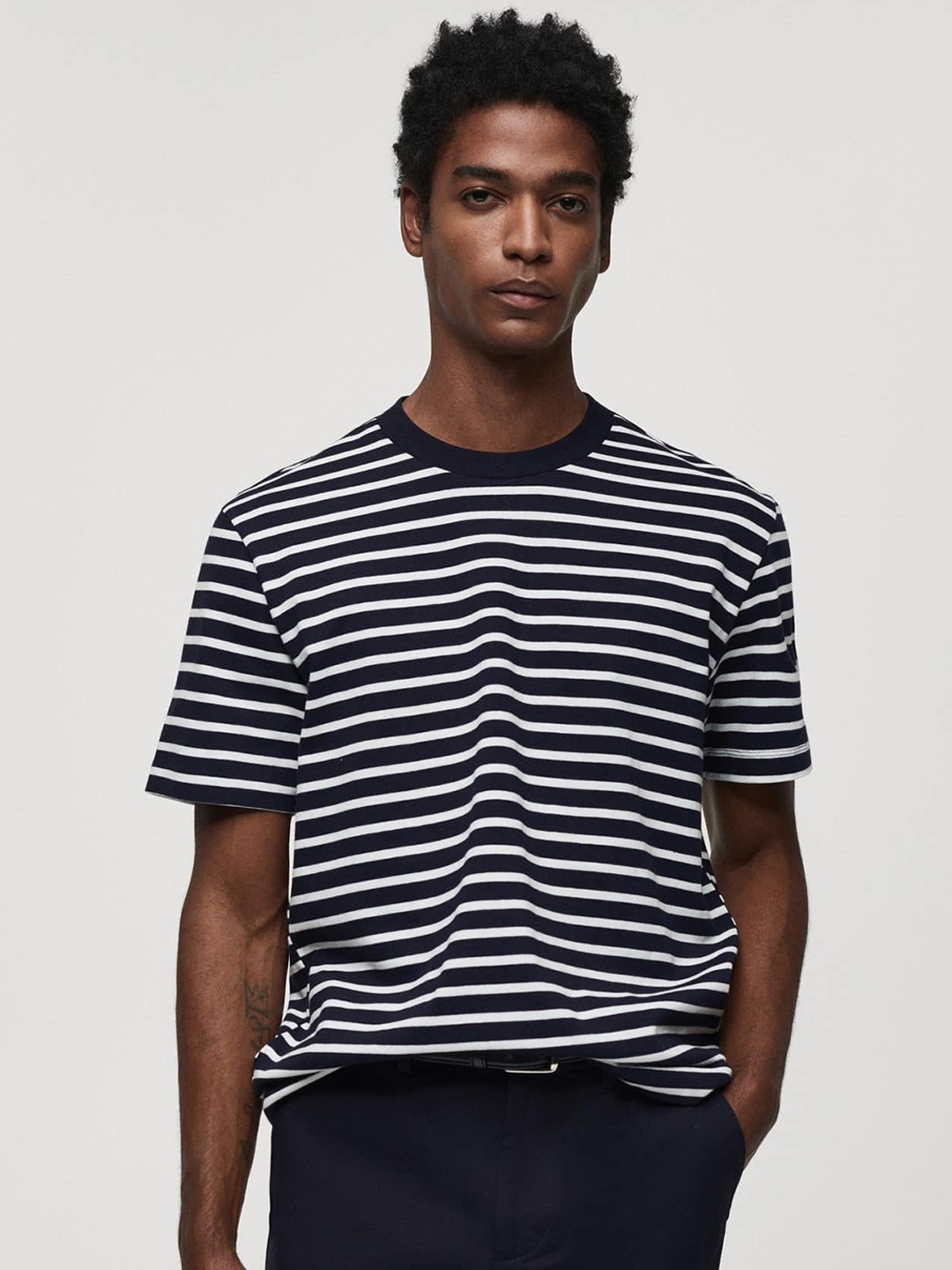 

MANGO MAN Pure Cotton Striped T-shirt, Black