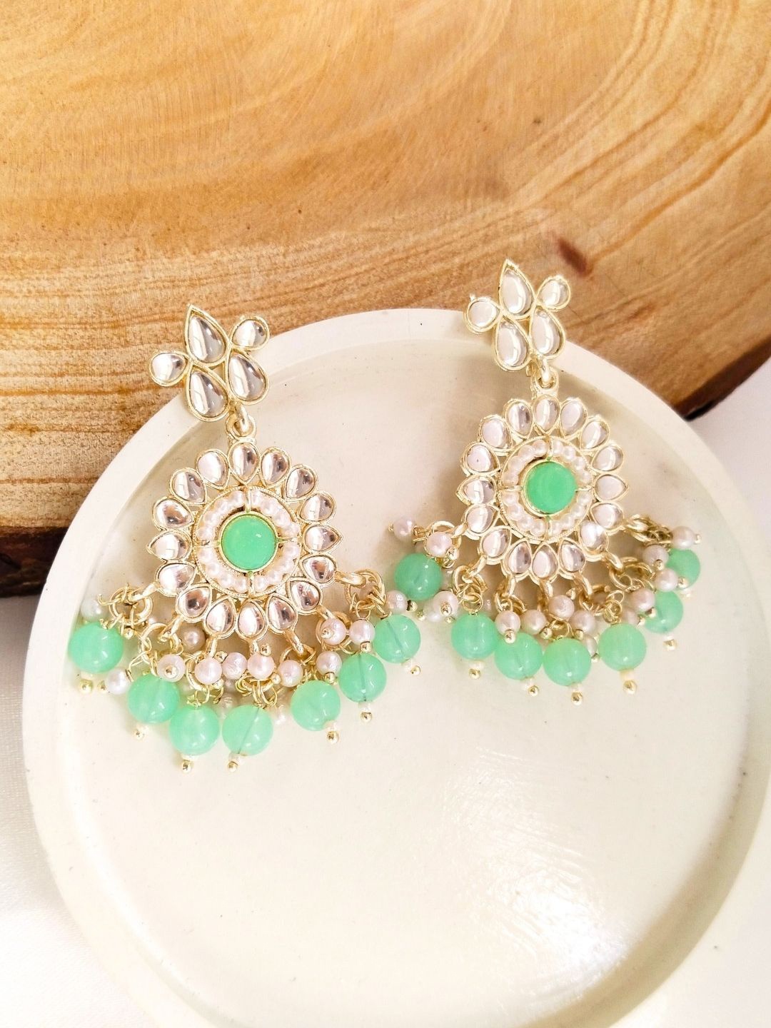 

Anouk Gold Plated Kundan Studded Meenakari Floral Chandbalis, Sea green